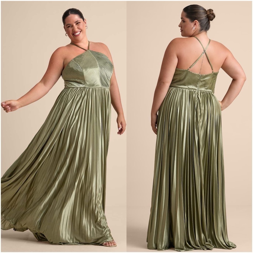 LULU'S Elaborate Charm Olive Green Satin Pleated Backless Maxi
Dress